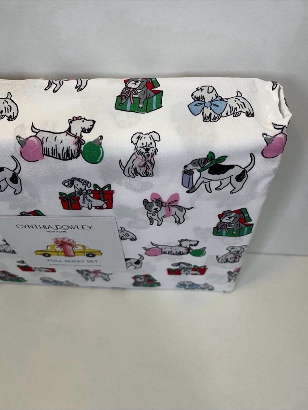 Cynthia Rowley Puppy Cheer Full Size Sheet Set Presents Bows Ornaments Gifts - Picture 7 of 11